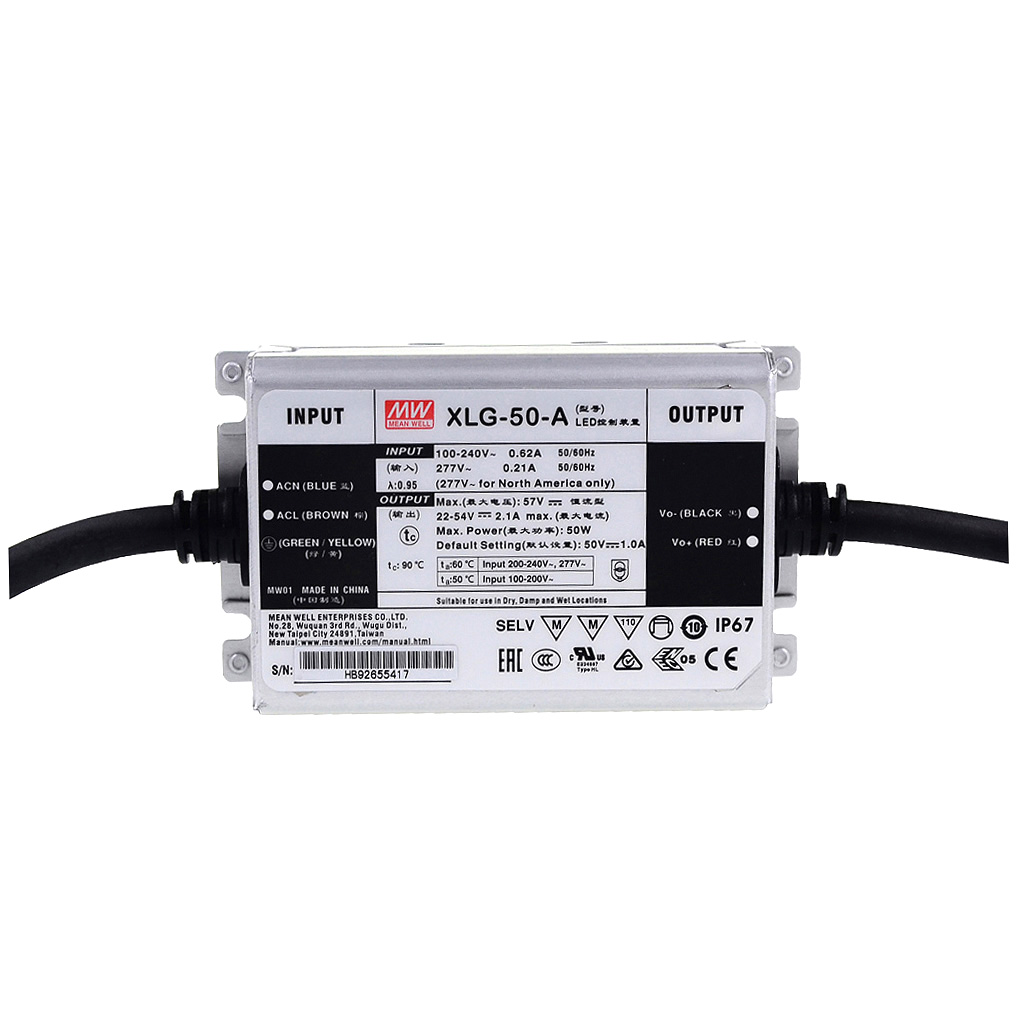 XLG-50-A 50Watt AC100-305V Input Voltage Mean Well High-Efficacy Waterproof UL-Listed LED Display Lighting Power Supply